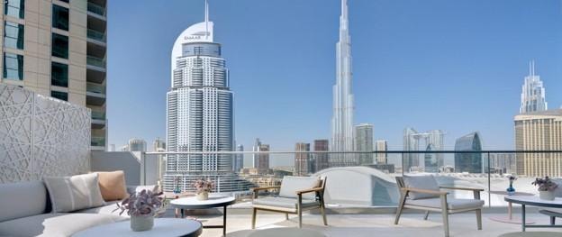 Dubai Marina skyline panorama at golden hour